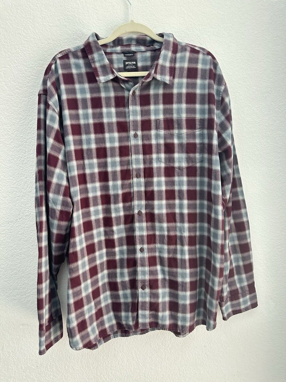prAna Los Feliz Flannel Shirt Men XXL Standard Fit Organic Cotton Plaid Burgundy